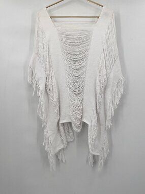 Maria Victoria by Lula Loom White Fringe Knit Poncho Ruana One Size 100% Cotton